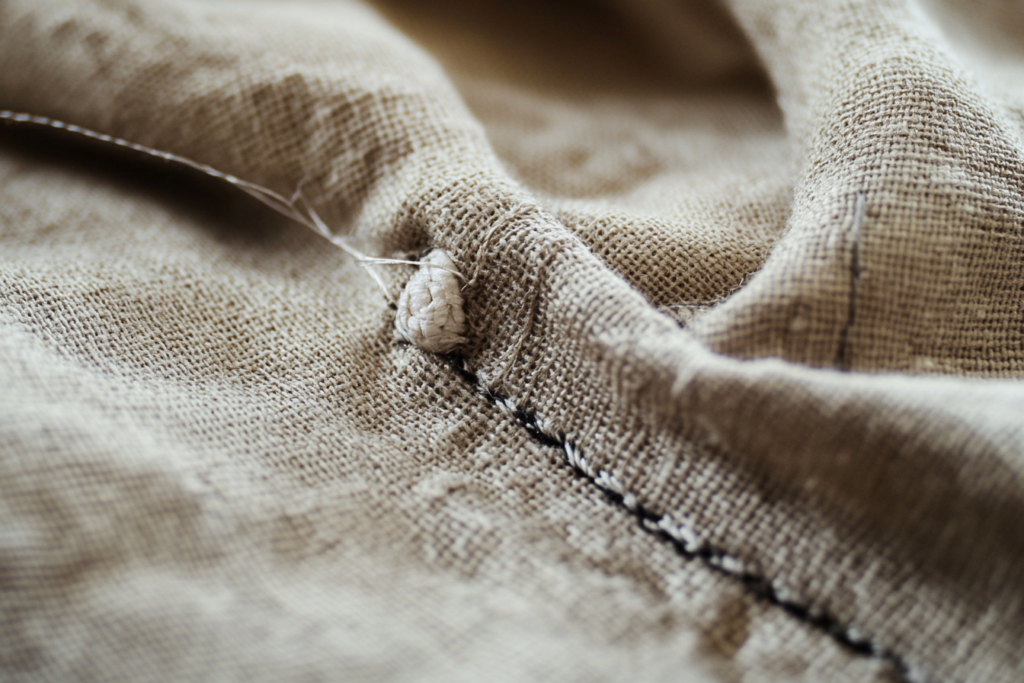 Stitch-in-the-ditch: Stitch a seam on top of the previously sewn seams, between the body of the garment and the hem.