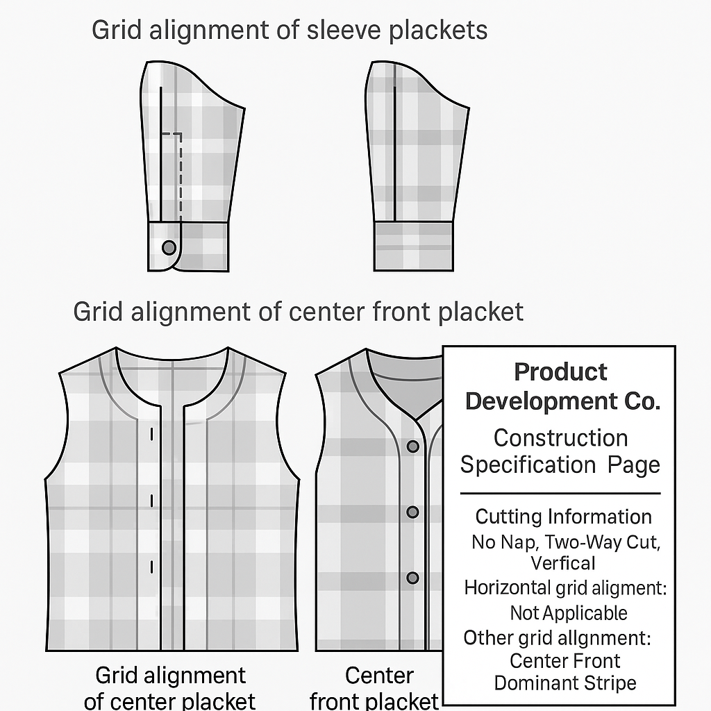 grid alignment in plaid garments, sleeve slit alignment, center placket matching, plaid shirt design, shirt pattern alignment