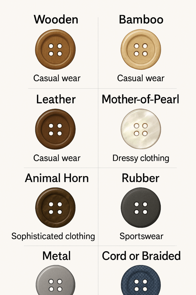 Plastic (Polyester or Nylon) button 2. Wood button 3. Bamboo button 4. Leather button 5. Animal Horn / Bone button 6. Mother-of-Pearl (Shell) button 7. Metal 8. Rubber button 9. Cord & Braided Buttons button 10. Covered Buttons
