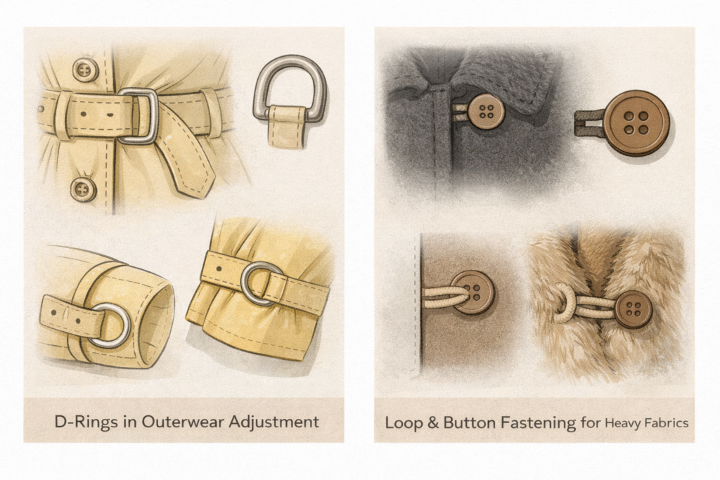 D-Rings vs Loops: Functional Comparison Feature D-Ring Loop Material Metal Fabric / Cord Function Adjustable tension Button fastening Best for Rainwear, belts Heavy coats Fabric thickness Medium to coated Thick / bulky Durability High Moderate to high